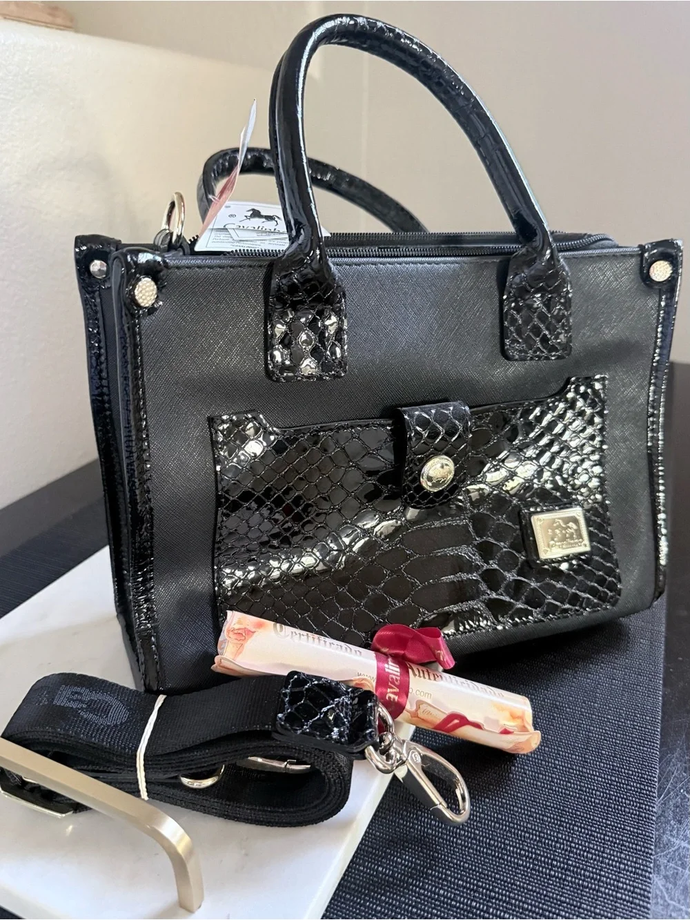 Cavalinho Black Faux Croc Accent Satchel and Crossbody Bag -  Women's Handbag